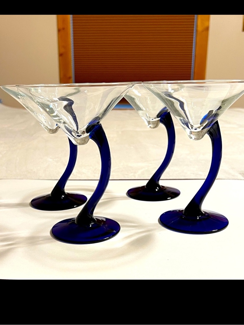 Vintage Post Modern Set of 4 Cobalt Blue Twisted Stem Martini Glasses. NWOT